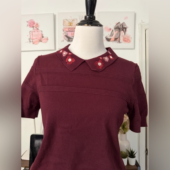 🍒CeCe Burgundy Embroidered Peter Pan Collar Knit Top - Picture 3 of 7